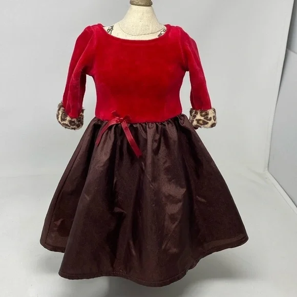 American Girl Chocolate Cherry Party Dress Gown Leopard Trim - Picture 1 of 13